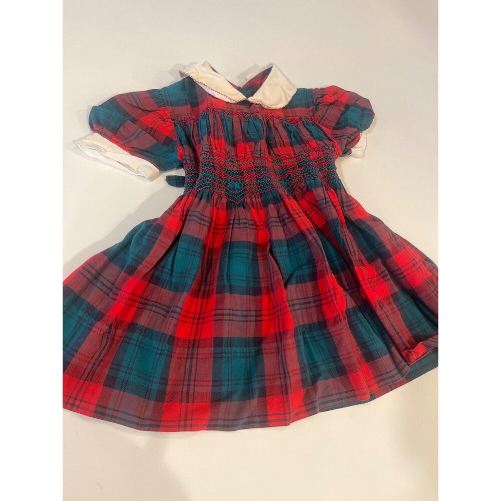 Vintage Dolly Dresses Hand-Smocked Toddler Plaid Dress Size 3 Red/Green Cotton